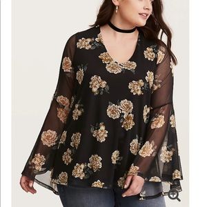 Torrid Floral Print Mesh Bell Sleeve Top